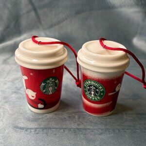 Starbucks 2010 & 2011 Christmas Ornaments To-Go Cups Mug Snowflakes Dog on Sled
